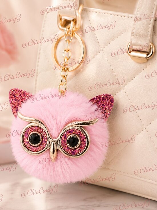 Accessories - Pink Fluffy Owl Pom Pom Keychain Purse Charm with Sparkly Glasses 🦉